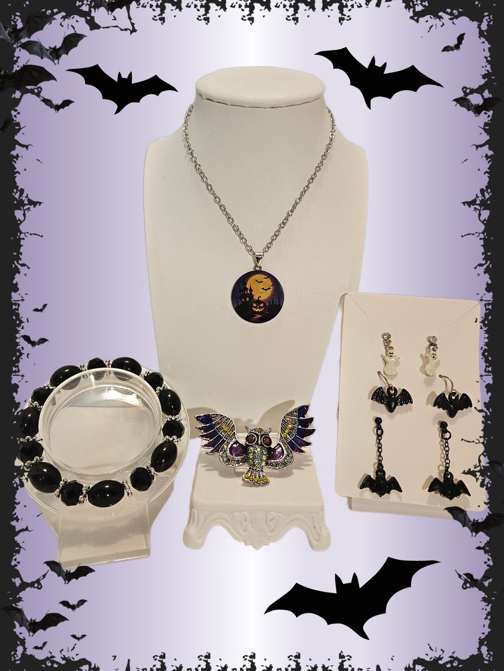Halloween Silver Tone Jewelry Set Haunted House Bats Owl Ghosts Spooky